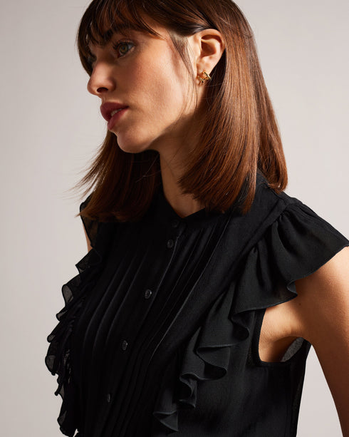 EVALIE-Tops-EVALIE has the details covered. This little frilled number has them in abundance and will have you feeling ready to strut your stuff. With its frills, piping details and waist ties, this top will dress up any look. Sleeveless top Frilled embellishments Piping stripes Crew neck Gathered waist Waist ties Front button fastening Julia is 5'10" / 1.78m and wears Black in a Ted size 1- Ted Baker Romania